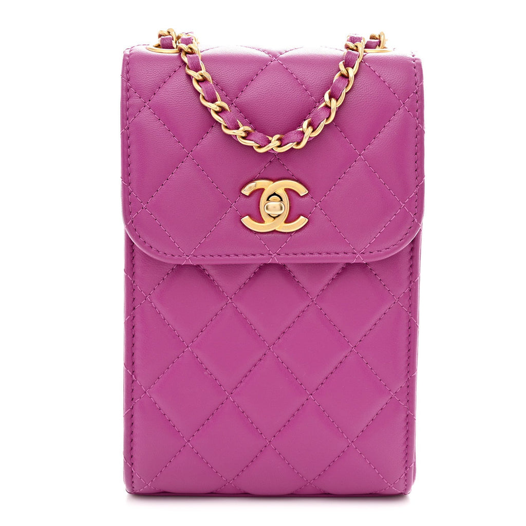 Lambskin Quilted Pearl Crush Phone Holder With Chain Purple