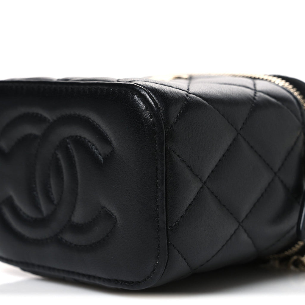 Lambskin Quilted Top Handle Mini Vanity Case With Chain Black