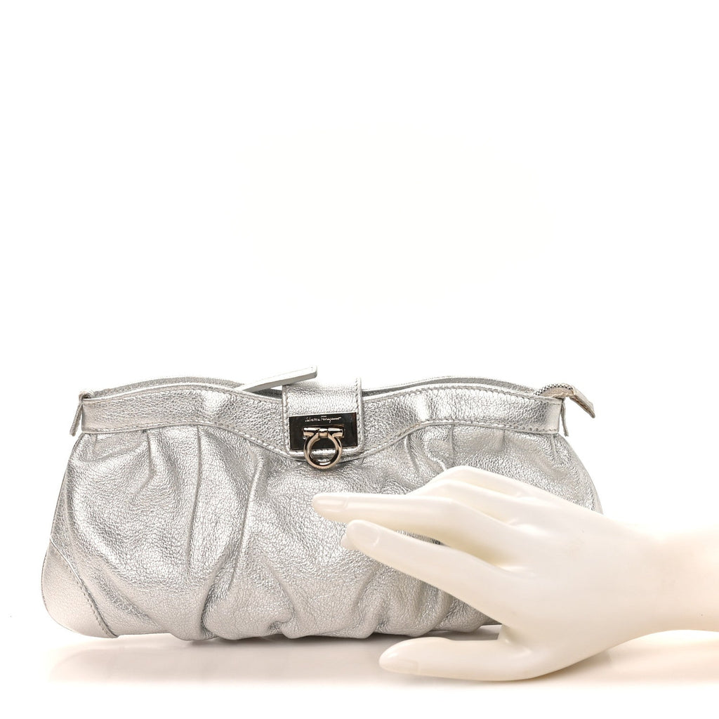 Metallic Calfskin Small Gancini Clutch Silver
