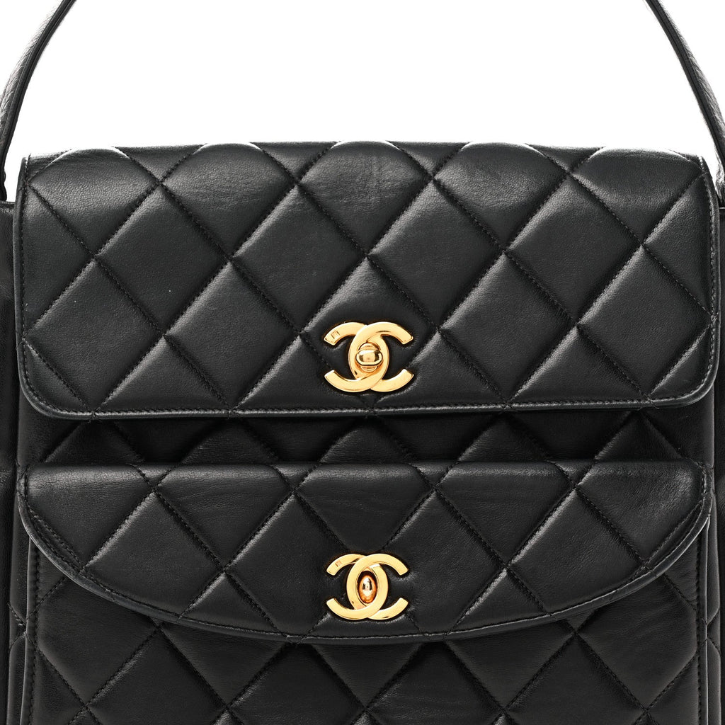 Lambskin Quilted Double Pocket Shoulder Bag Black