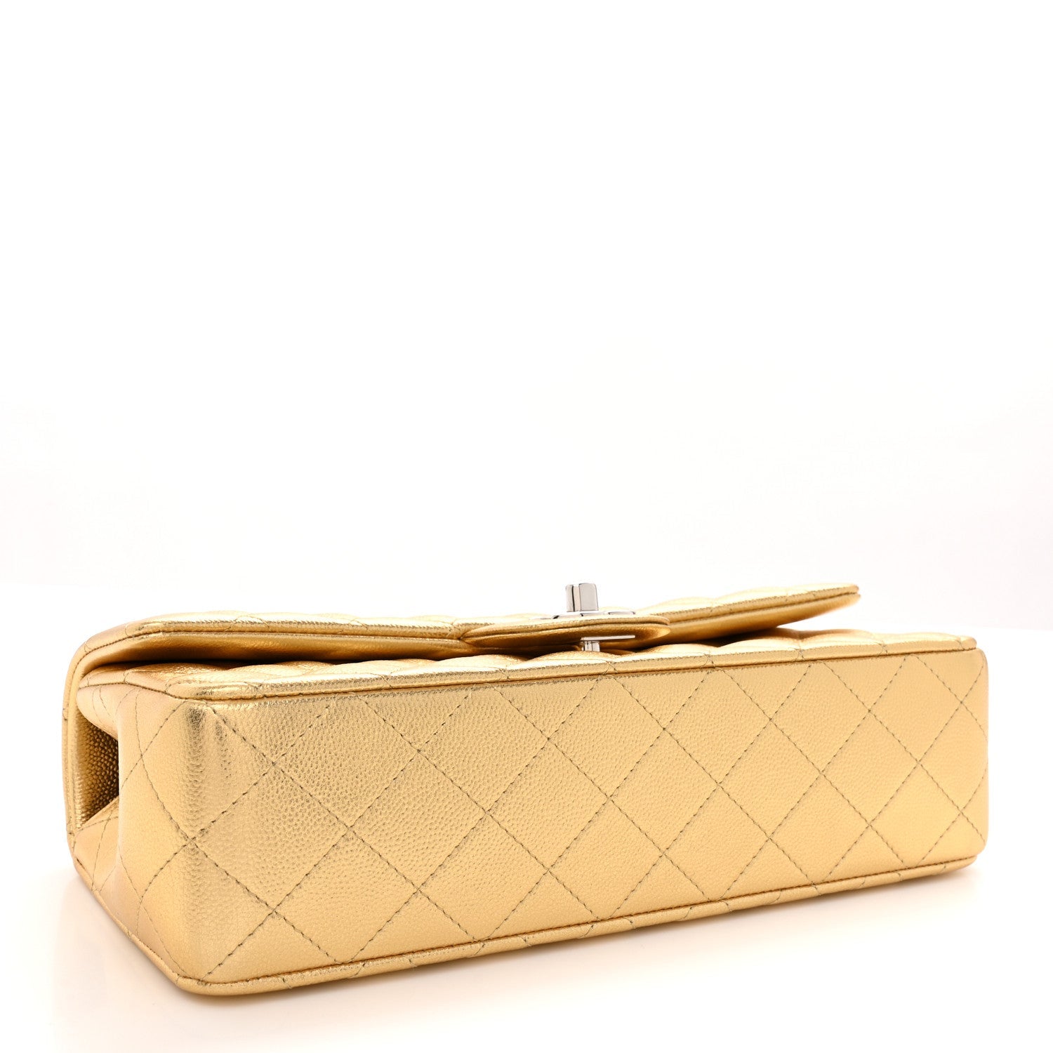 Metallic Caviar Quilted Top Handle East West Flap Gold