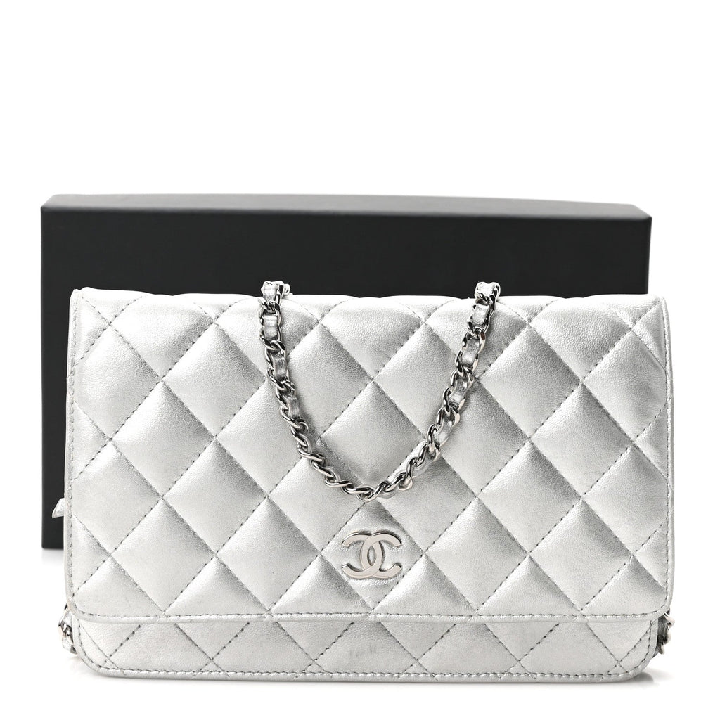 Metallic Lambskin Quilted Wallet On Chain WOC Silver