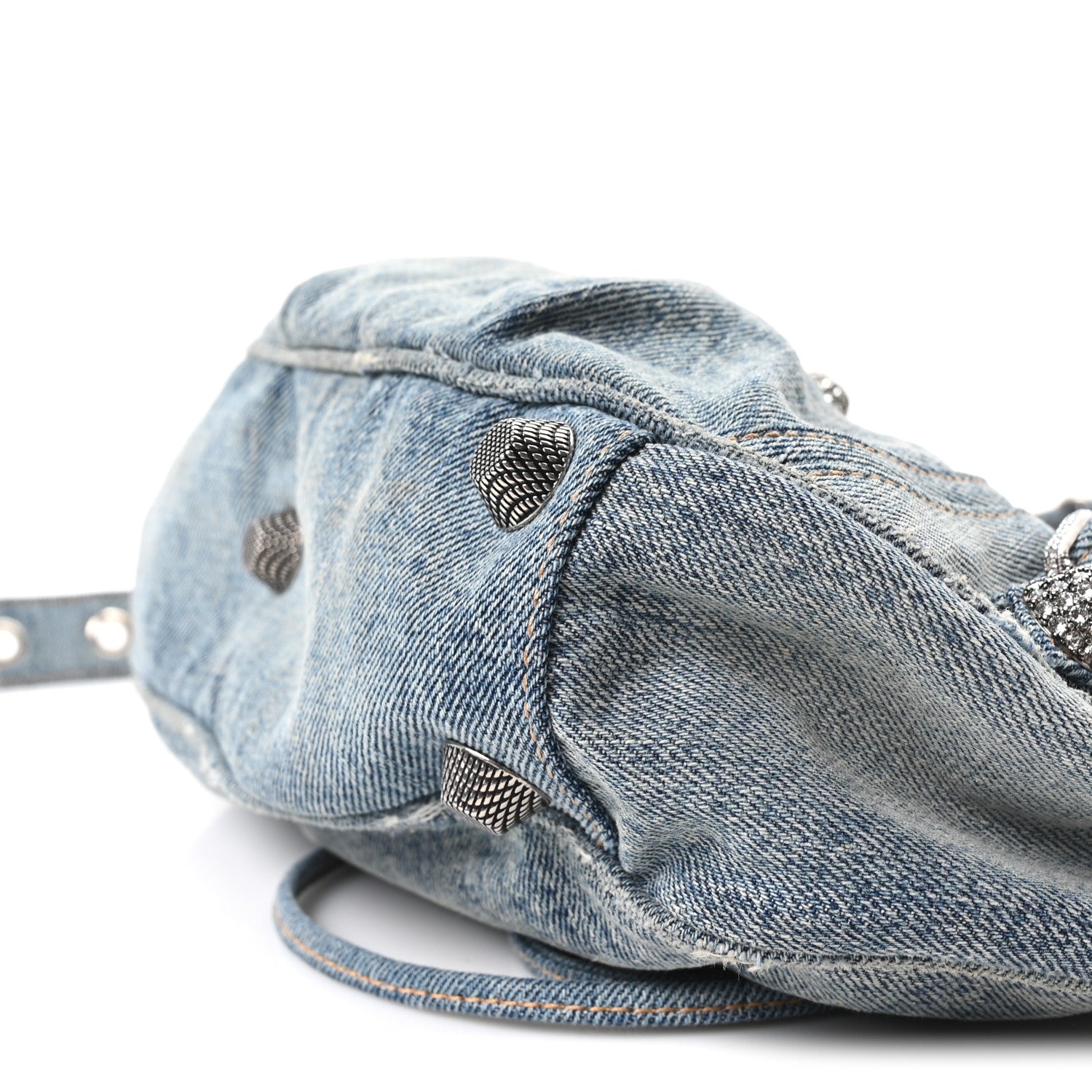 Washed Frayed Denim Crystal Small Le Cagole Shoulder Bag Blue