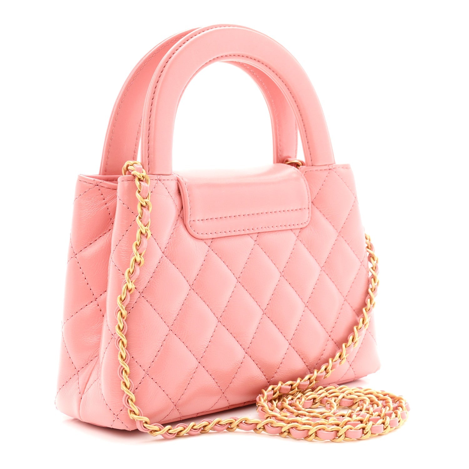 Shiny Aged Calfskin Quilted Nano Kelly Shopper Coral Pink