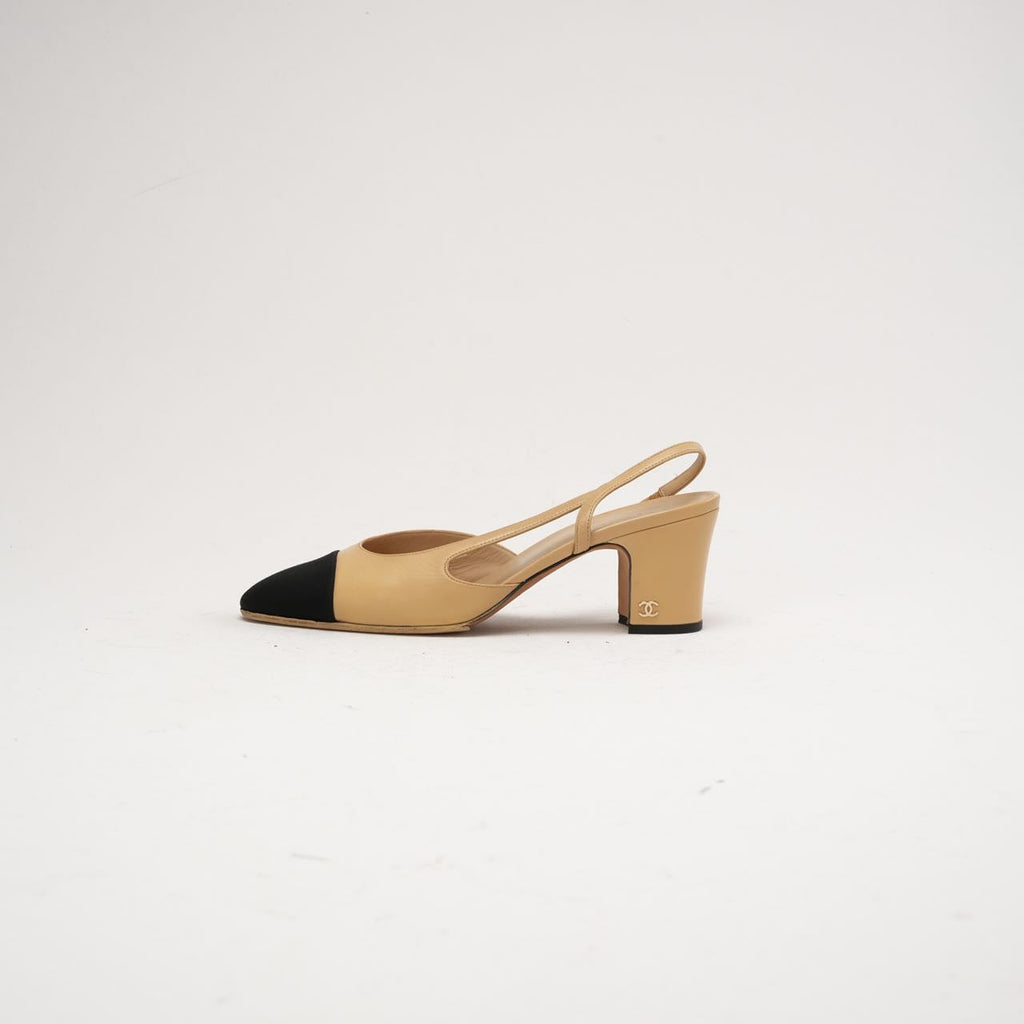 Chanel Beige /Black Cap Toe CC Slingback Pumps Size 39