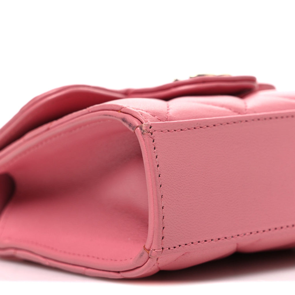 Lambskin Quilted Top Handle Clutch With Chain Pink