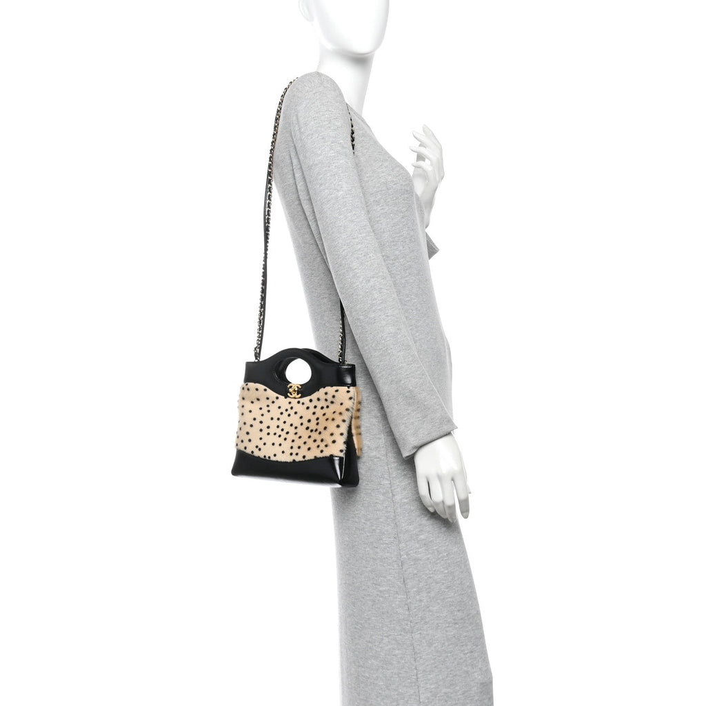 Shiny Lambskin Pony Hair Cheetah Printed Mini 31 Shopping Bag  Light Beige Black