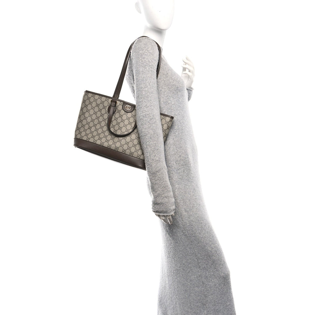 GG Supreme Monogram Textured Calfskin Small Ophidia Shoulder Tote Bag Beige Ebony New Acero