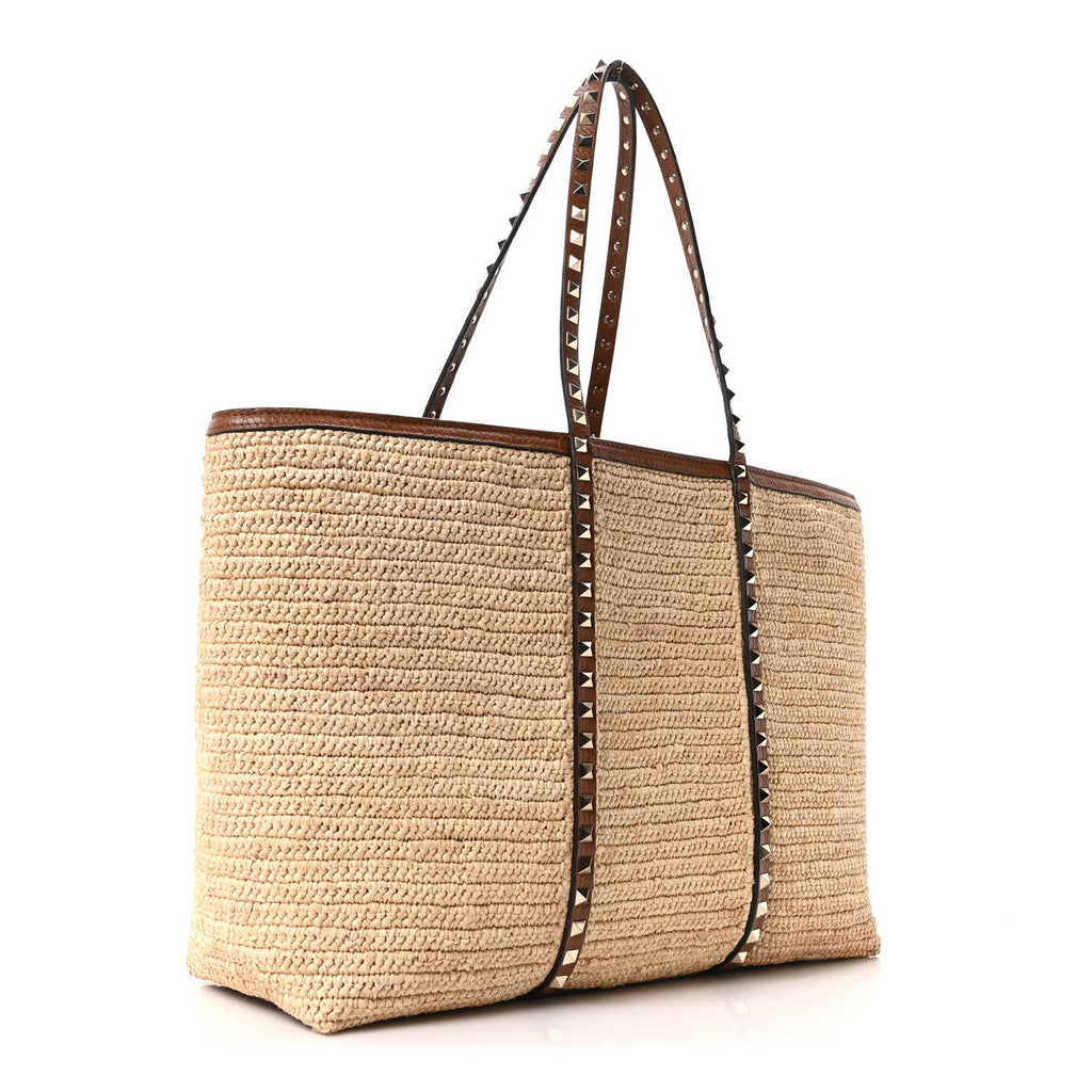 Raffia Calfskin Rockstud Shopping Tote Naturale Saddle Brown
