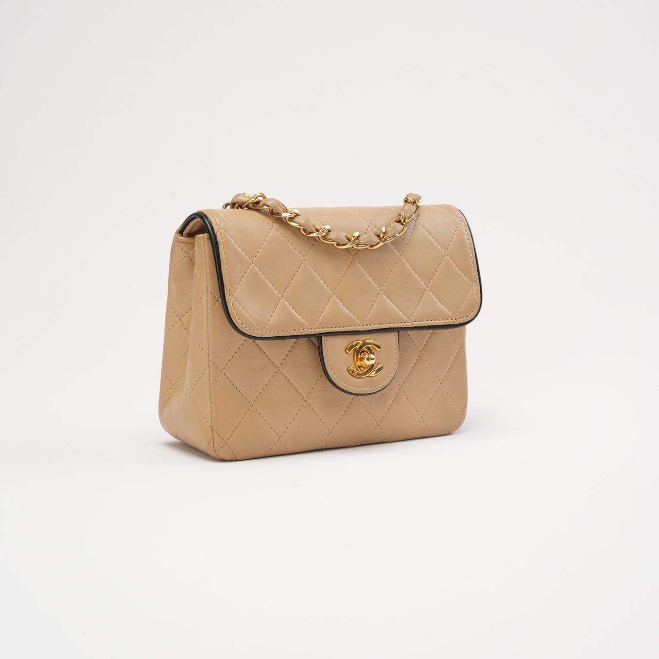 Chanel Vintage Classic Two Tone Mini Square Flap Lamb Beige 1991
