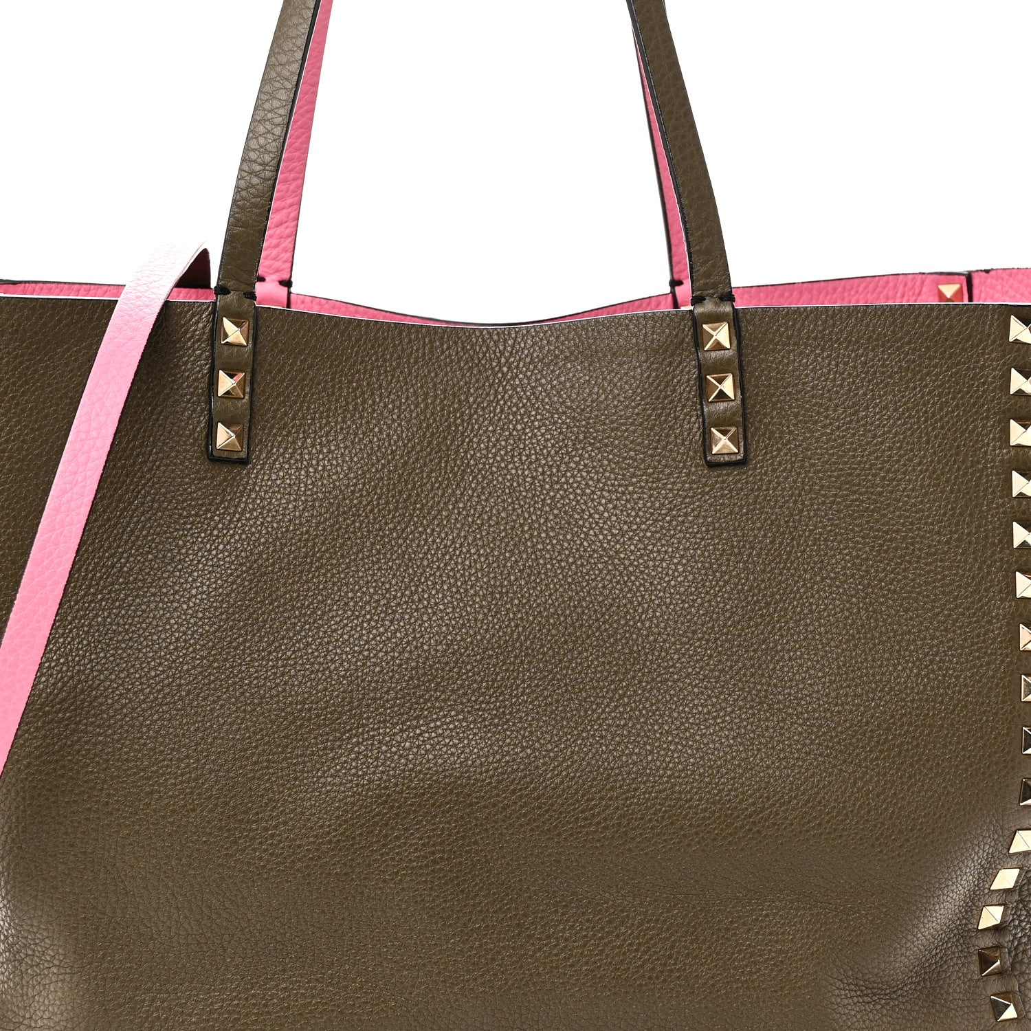 Grained Calfskin Medium Rockstud Reversible Tote Army Green Pink