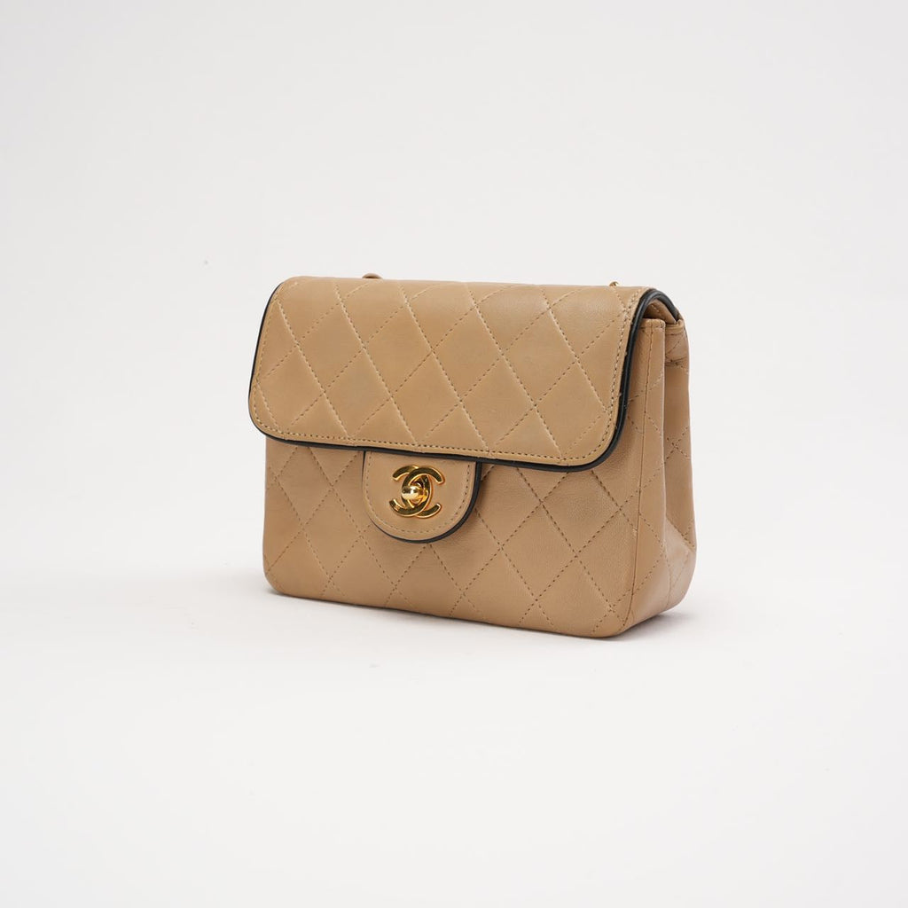Chanel Vintage Classic Two Tone Mini Square Flap Lamb Beige 1991
