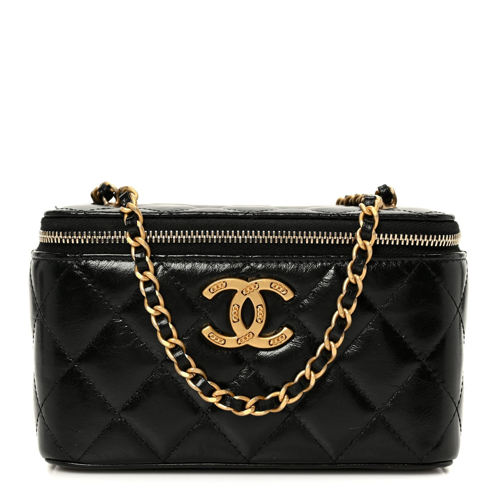 Shiny Lambskin Quilted CC Links Small Vanity Case With Chain Black