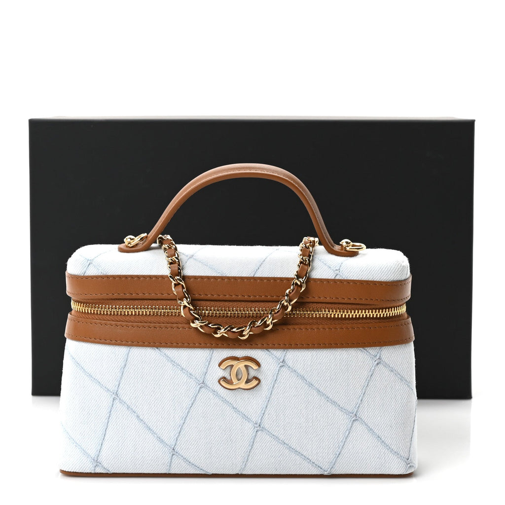 Washed Denim Calfskin Quilted Top Handle Slim Vanity Case With Chain Blue Brown
