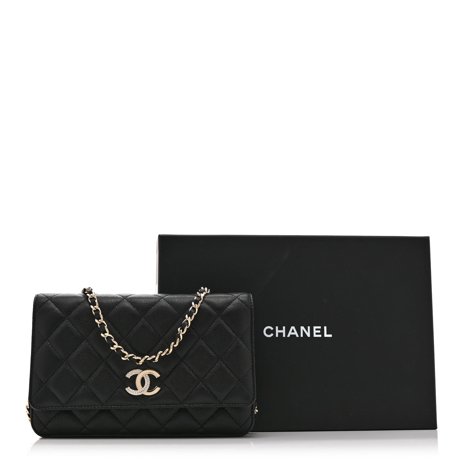 Caviar Quilted Crystal CC Wallet On Chain WOC Black