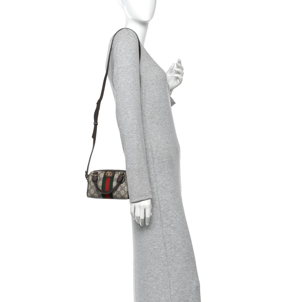 GG Supreme Monogram Textured Dollar Calfskin Web Super Mini Ophidia Top Handle Bowler Bag Beige Ebony New Acero