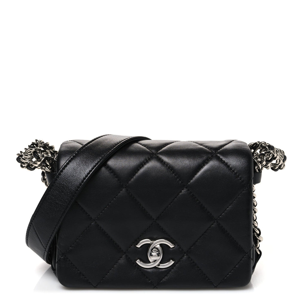 Lambskin Quilted Mini Chain Rows Flap Black