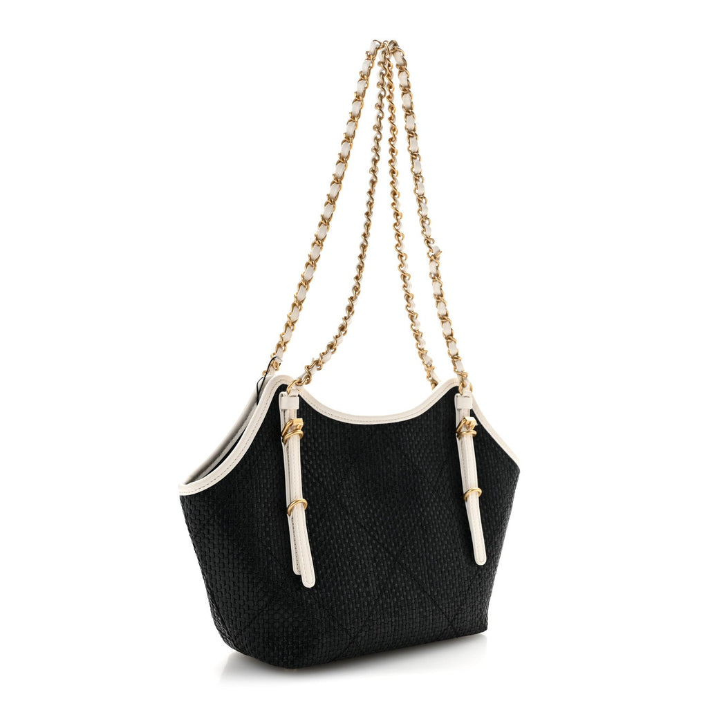 Braided Raffia Calfskin Stitched Small Shopping Tote Black White