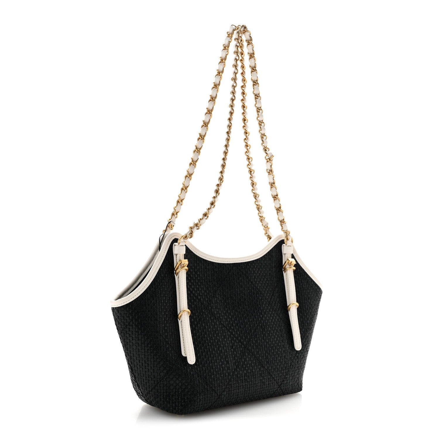 Braided Raffia Calfskin Stitched Small Shopping Tote Black White