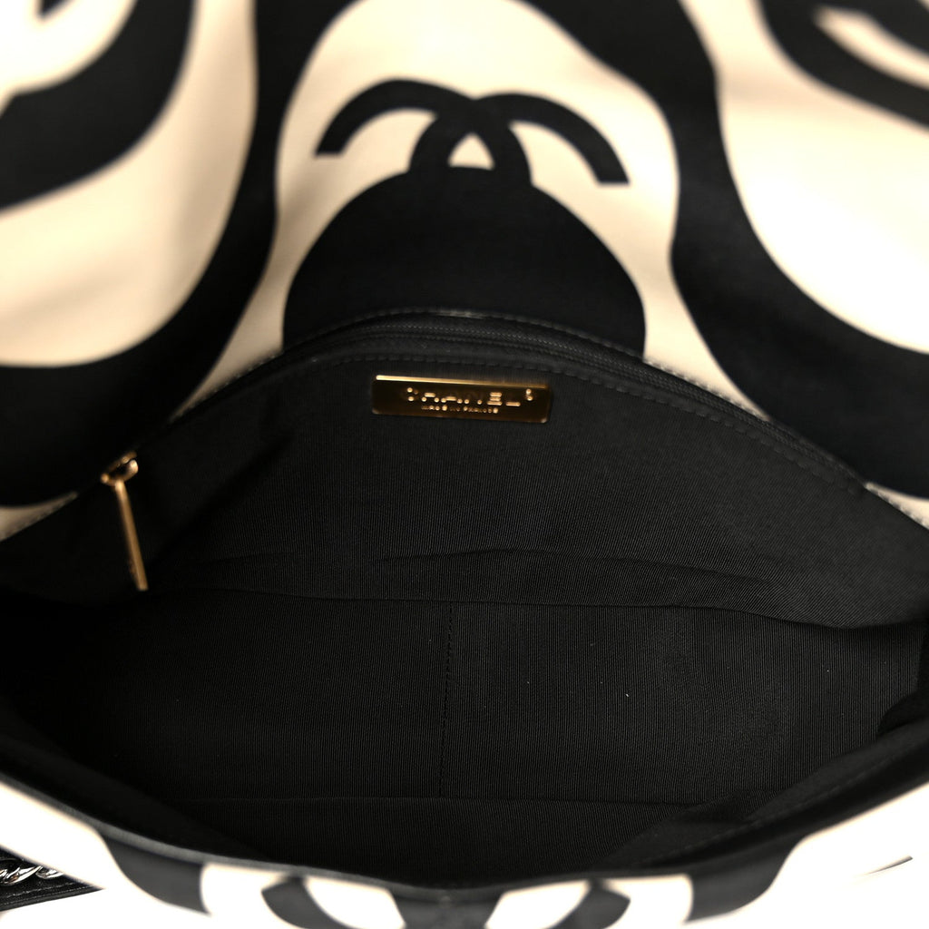 Fabric Printed Large Chanel 19 Flap Black Ecru