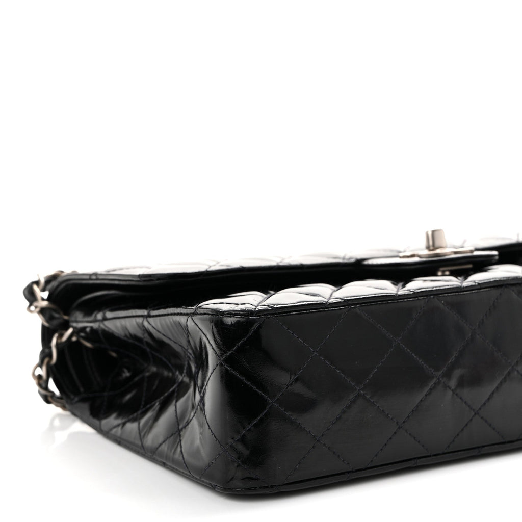 Glazed Calfskin Quilted Medium Double Flap Black