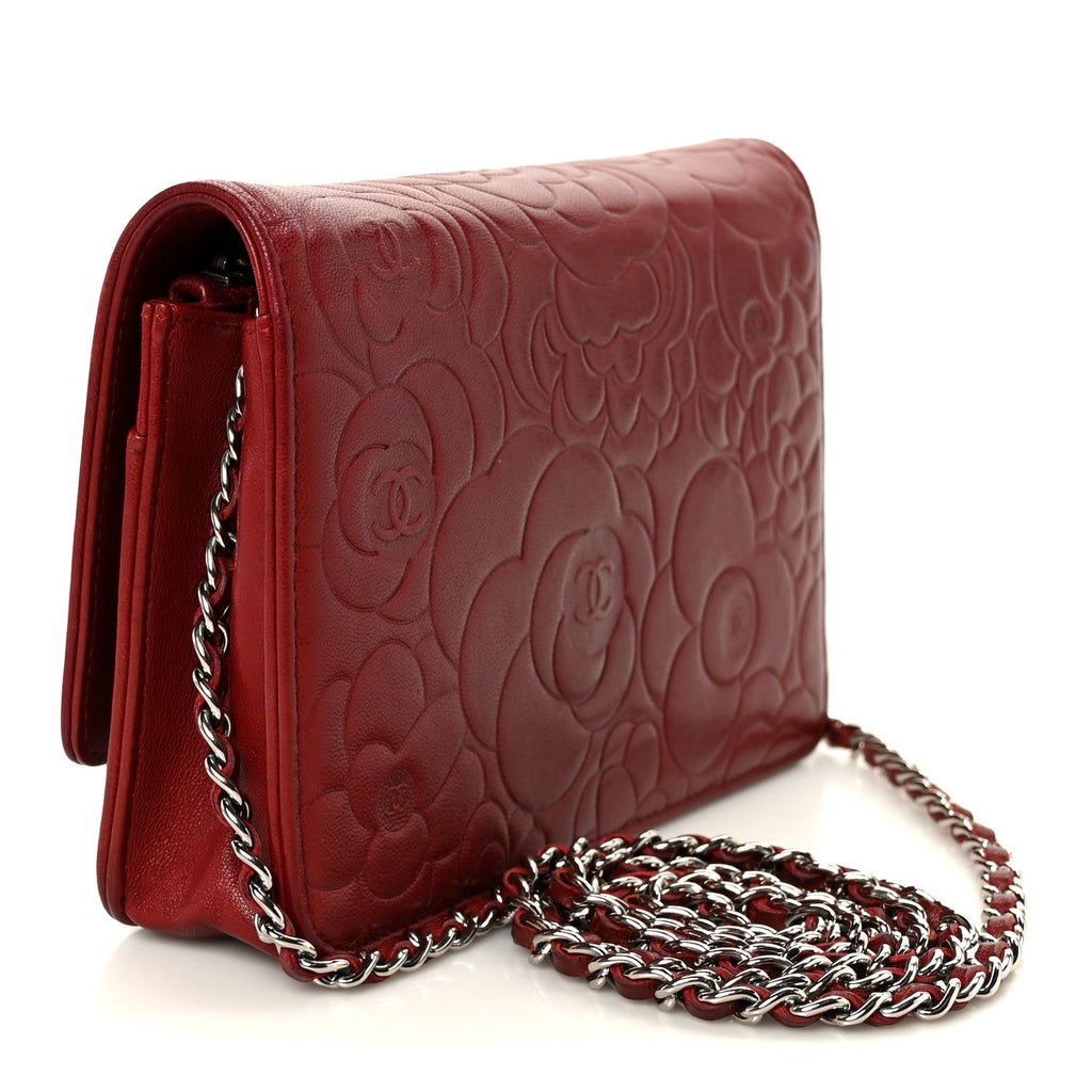 Lambskin Camellia Embossed Wallet on Chain WOC Red