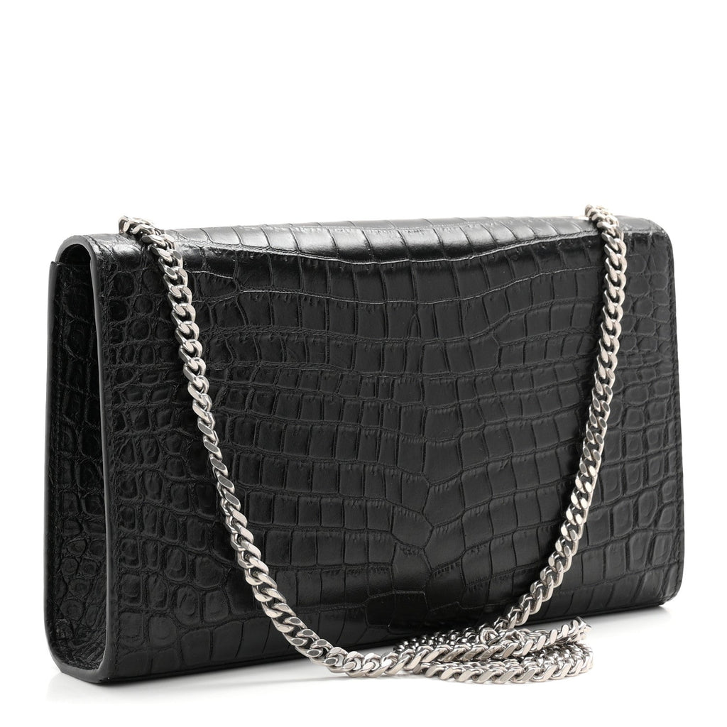 Calfskin Crocodile Embossed Medium Classic Monogram Kate Tassel Satchel Black