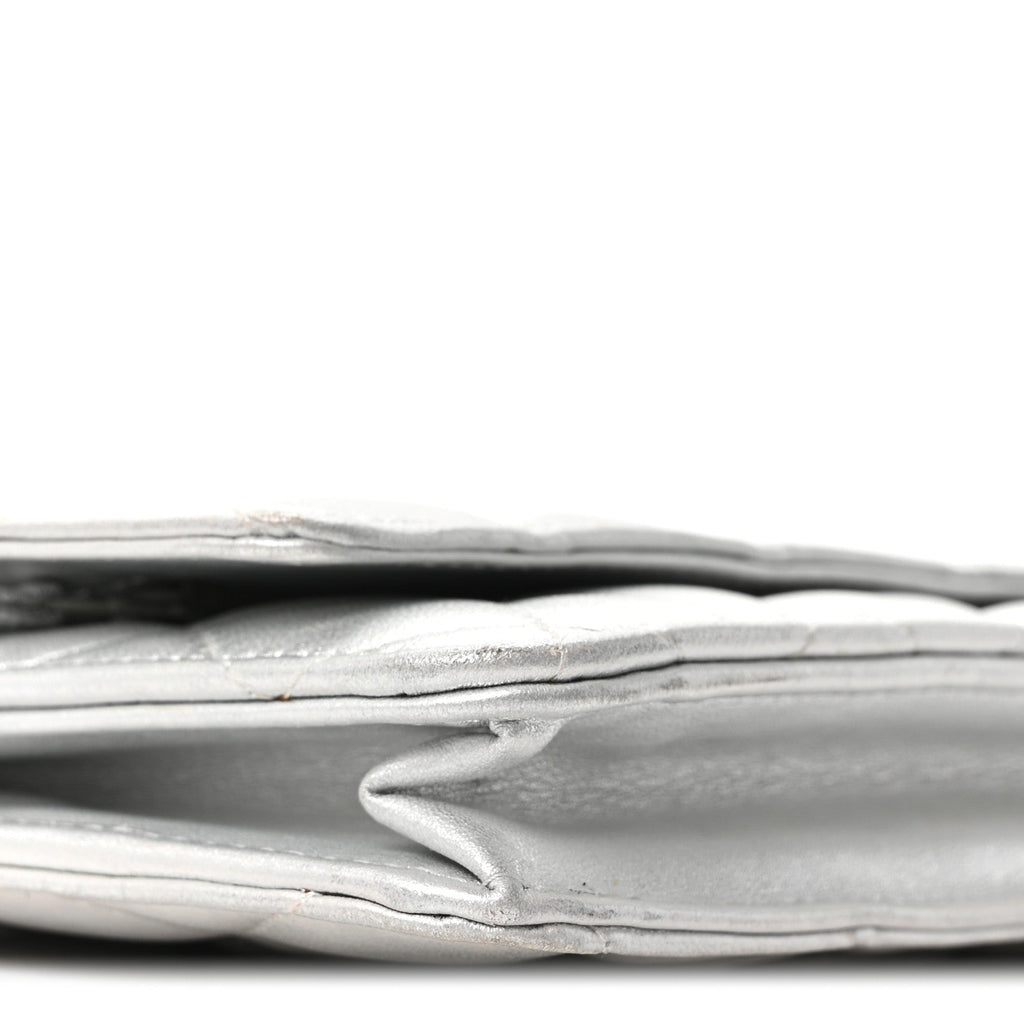 Metallic Lambskin Quilted Wallet On Chain WOC Silver