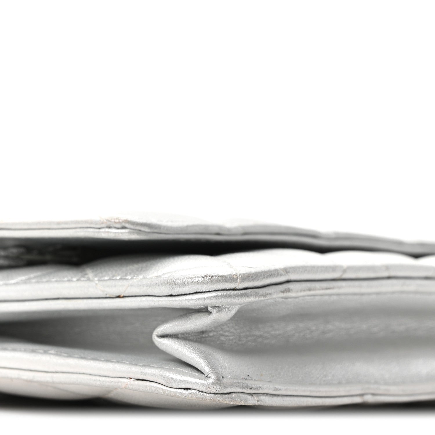 Metallic Lambskin Quilted Wallet On Chain WOC Silver