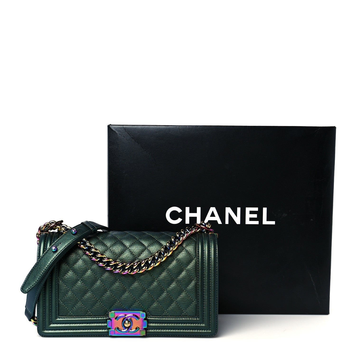 Iridescent Goatskin Quilted Medium Boy Flap Green