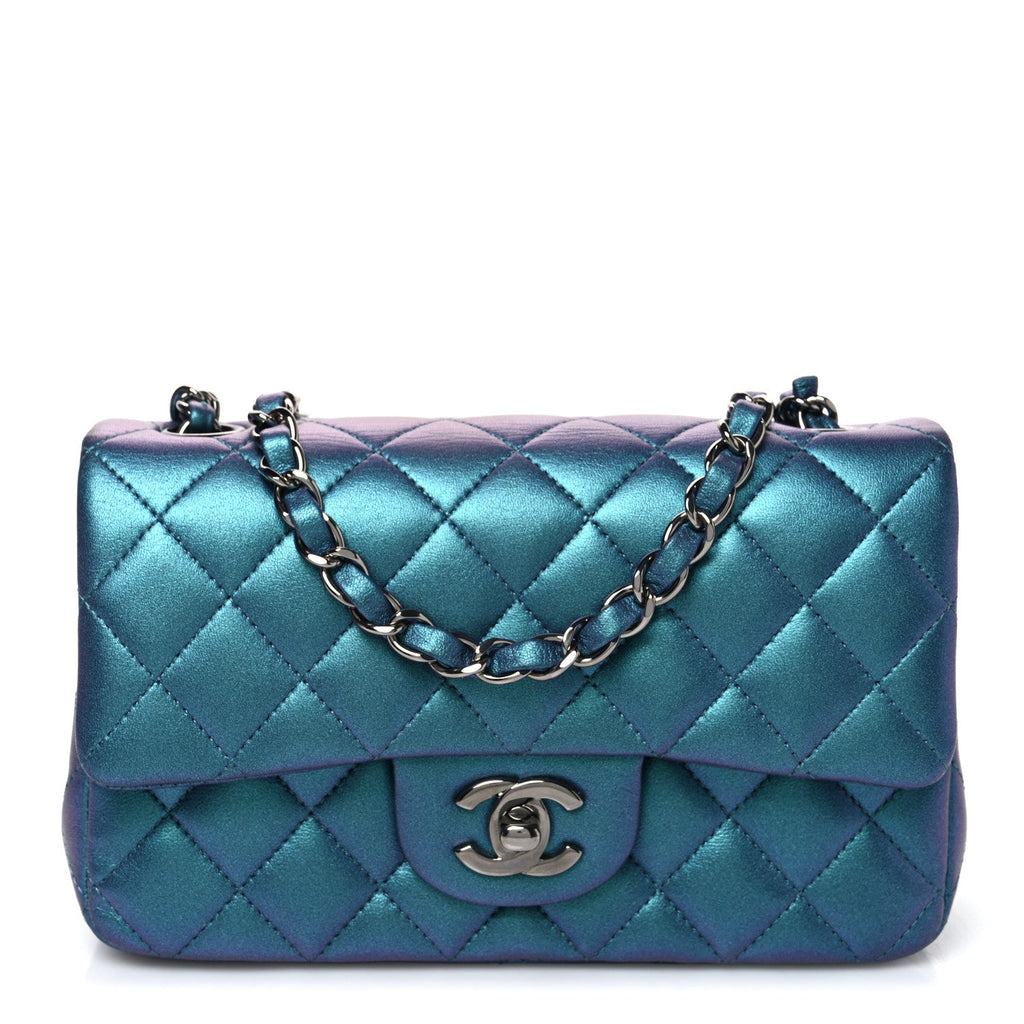 Iridescent Lambskin Quilted Mini Rectangular Flap Turquoise