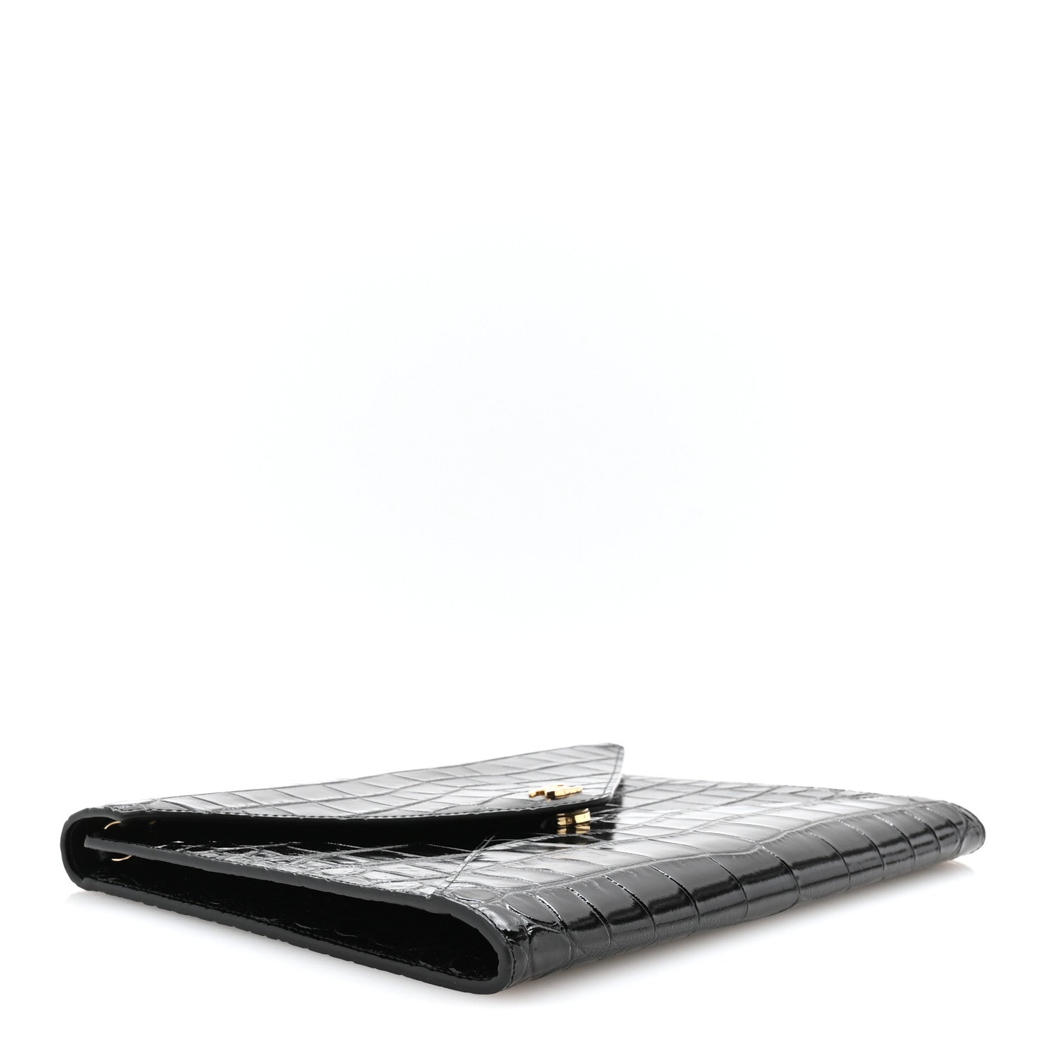 Calfskin Crocodile Embossed Croc Illusion Clutch With Chain Black