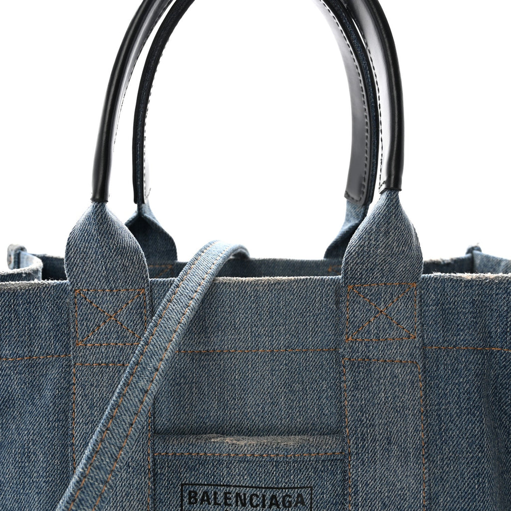 Washed Frayed Denim Logo Small Hardware Tote Blue