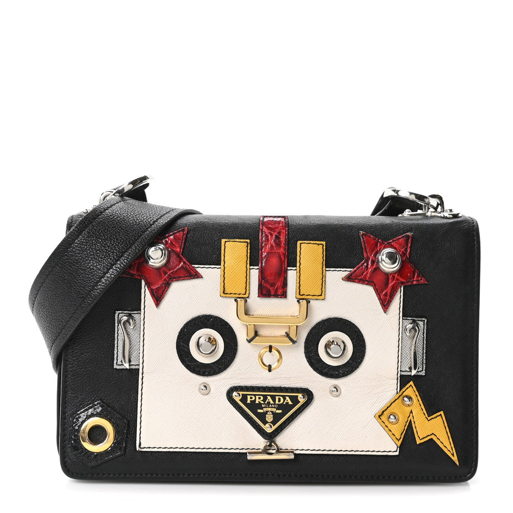 Grained Calfskin Saffiano Robot Shoulder Bag Black White