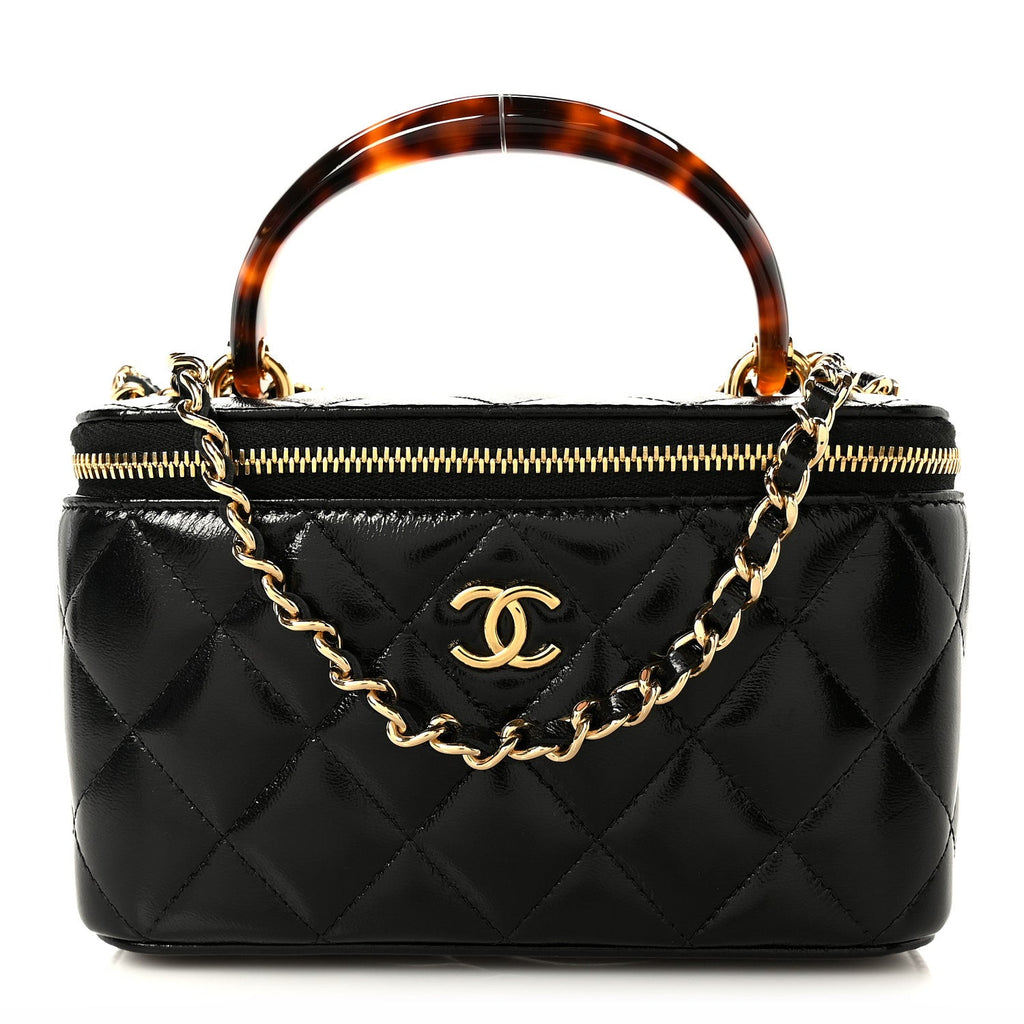 Shiny Lambskin Quilted Small Plexiglass Top Handle Vanity Case With Chain Black Tortoise