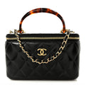 Shiny Lambskin Quilted Small Plexiglass Top Handle Vanity Case With Chain Black Tortoise