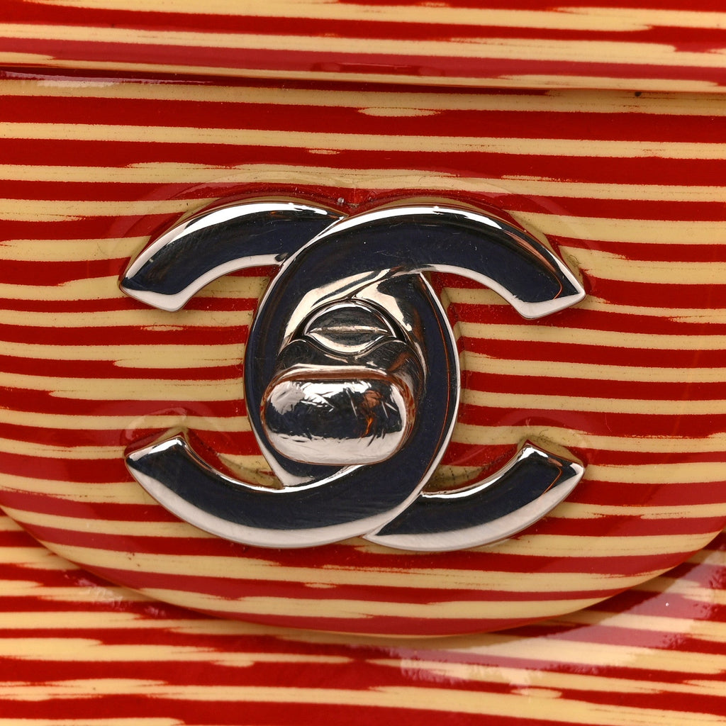 Patent Calfskin Striped Clutch With Chain Flap Red