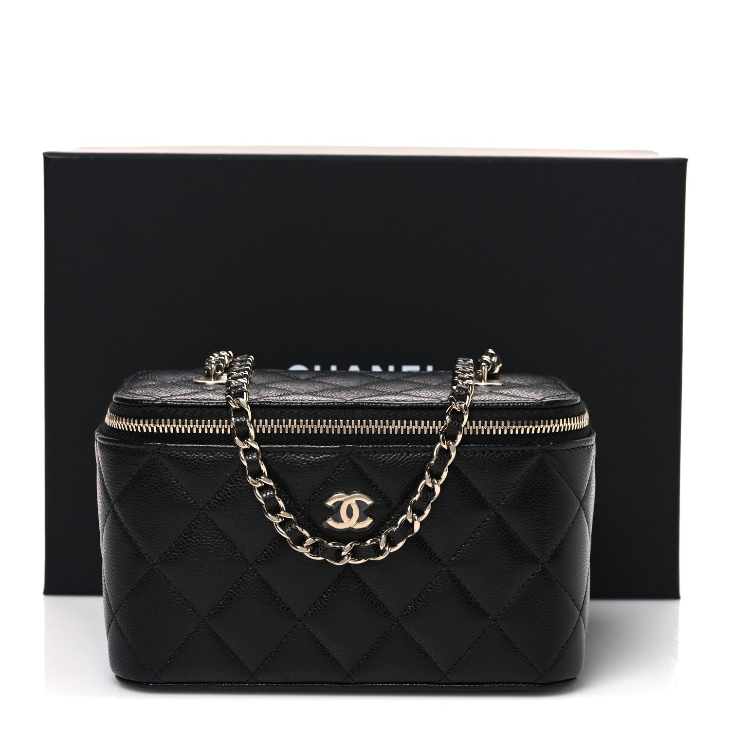 Caviar Quilted Small Vanity Case With Chain Black