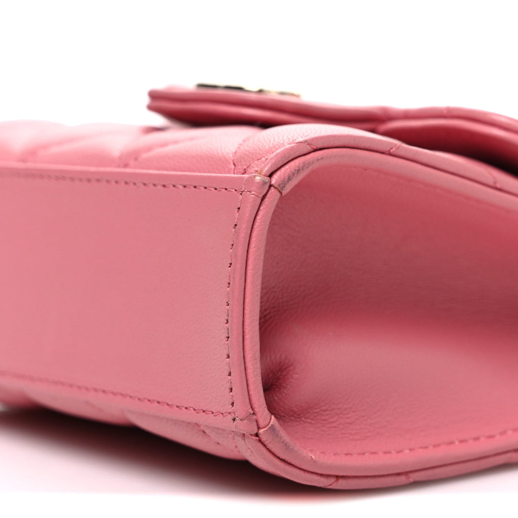 Lambskin Quilted Top Handle Clutch With Chain Pink