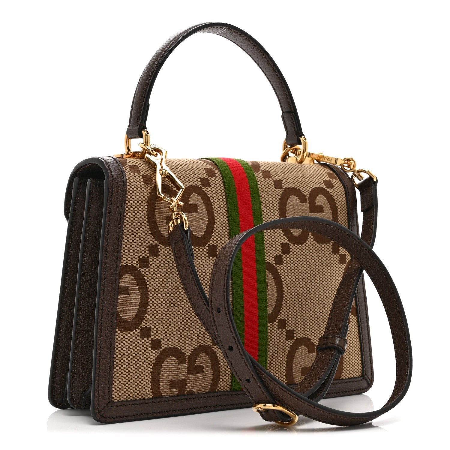Monogram Jumbo GG Textured Dollar Calfskin Web Small Ophidia Padlock Top Handle Bag Camel Ebony New Acero