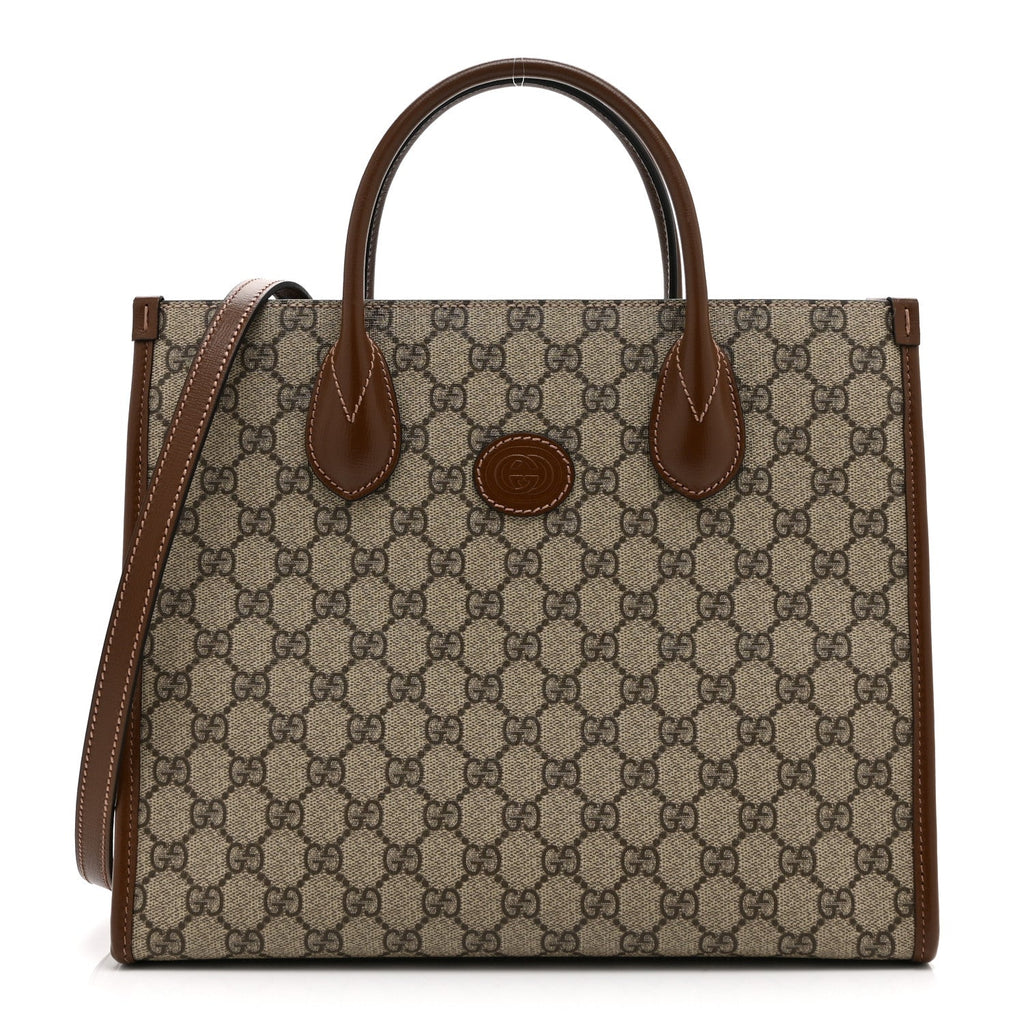 GG Supreme Monogram Azalea Calfskin Small Retro Interlocking G Tote Bag Beige Ebony Brown Sugar