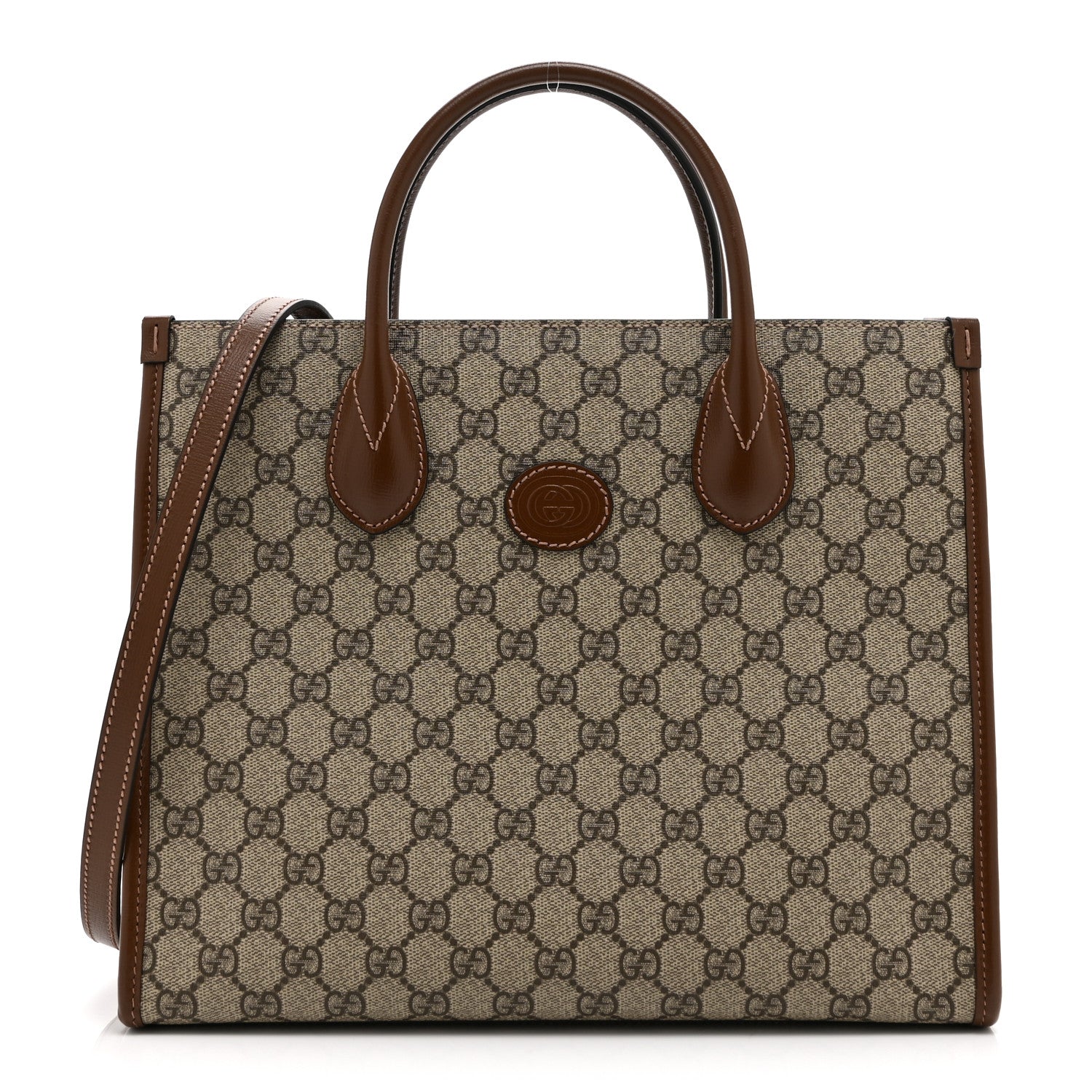 GG Supreme Monogram Azalea Calfskin Small Retro Interlocking G Tote Bag Beige Ebony Brown Sugar