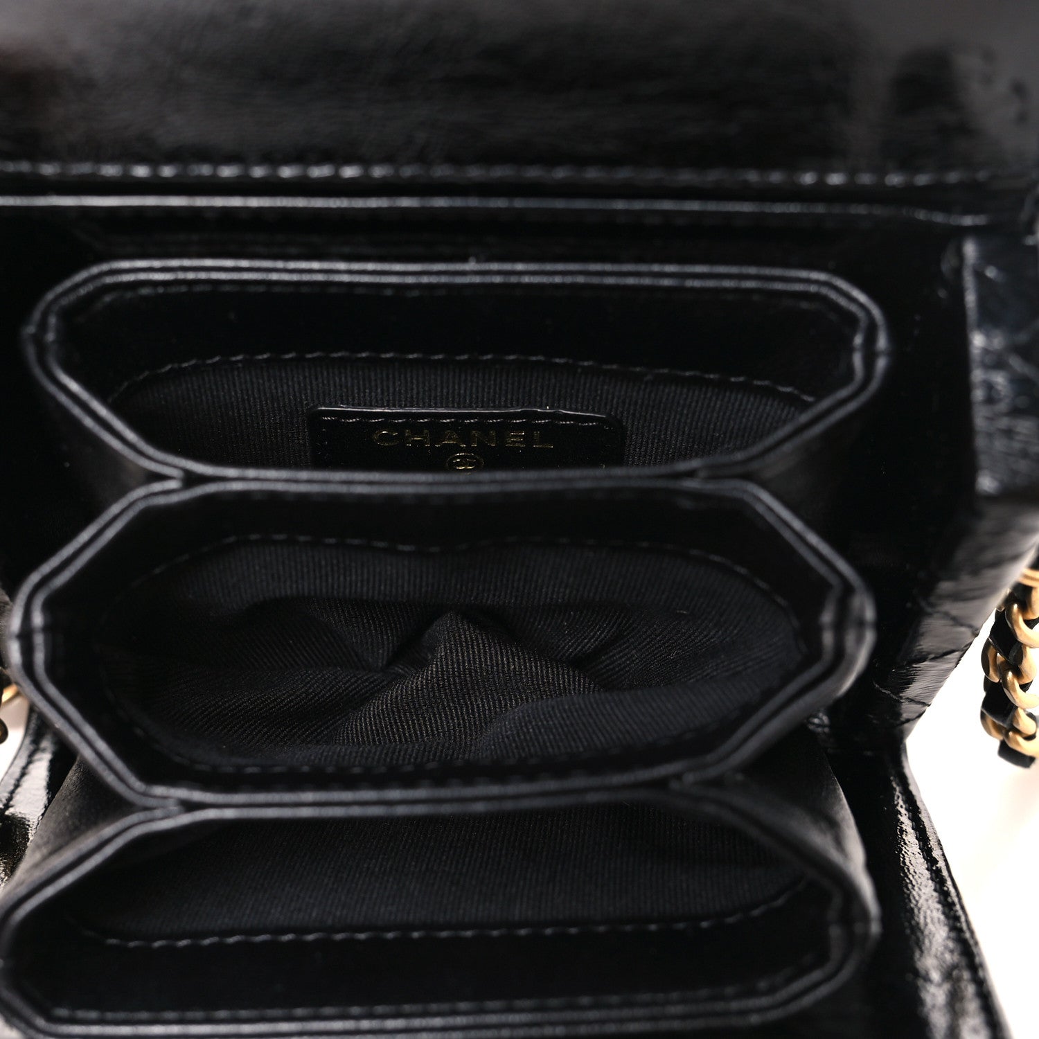 Shiny Lambskin Quilted Top Handle Card Holder On Chain Black