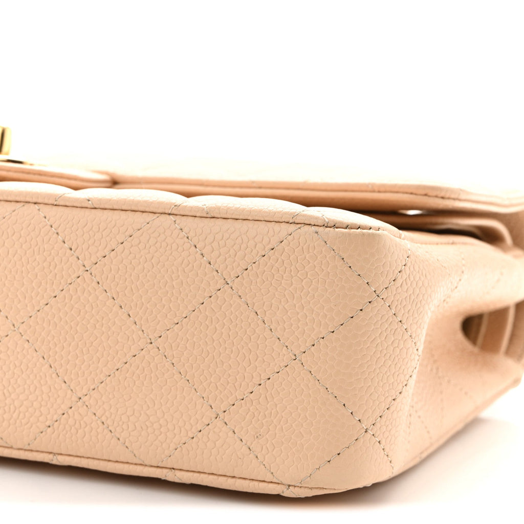 Caviar Quilted Medium Double Flap Beige