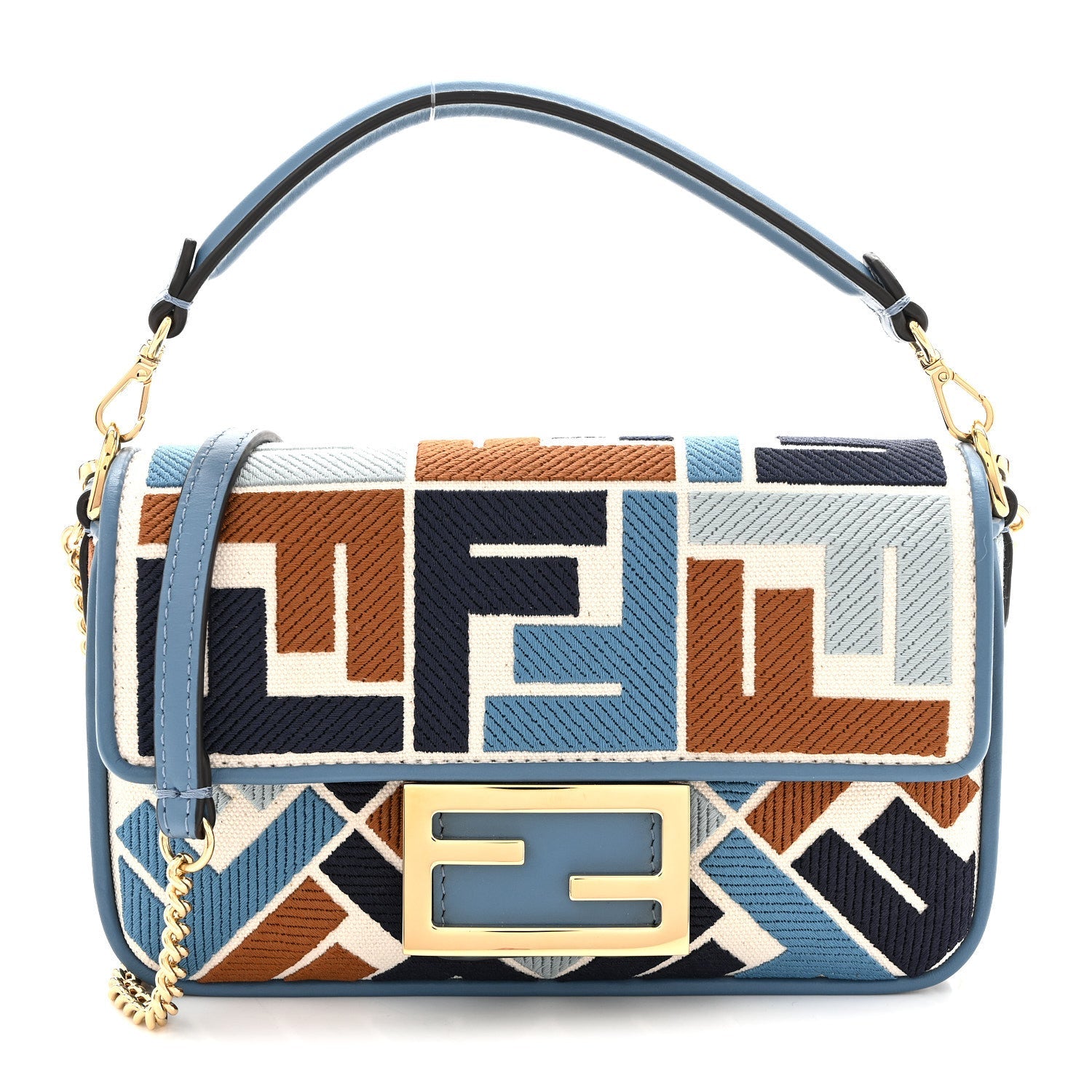 Canvas Vitello King Seta FF Embroidered Mini Baguette Blue Multicolor