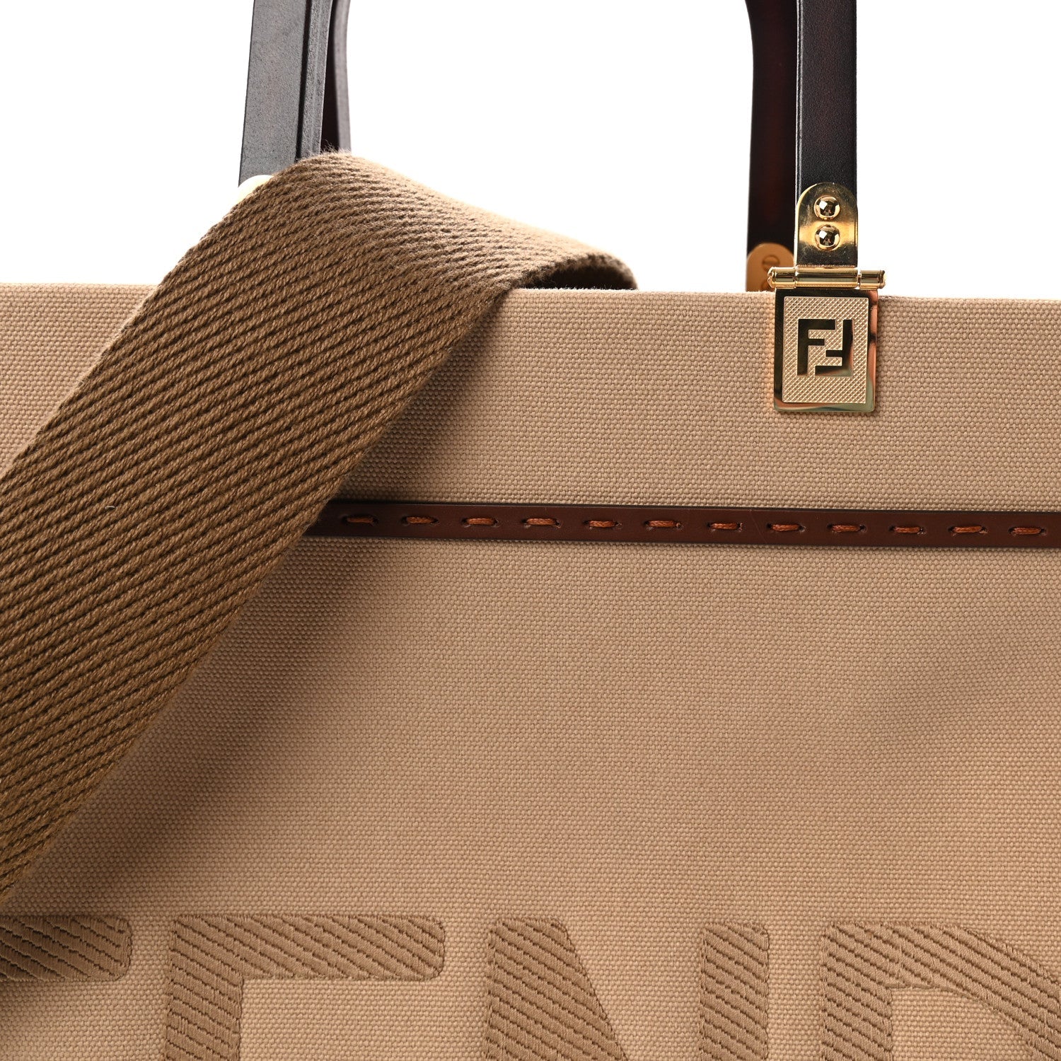Canvas Vitello King Logo Embroidered Medium Fendi Sunshine Shopper Tote Sand Ghianda