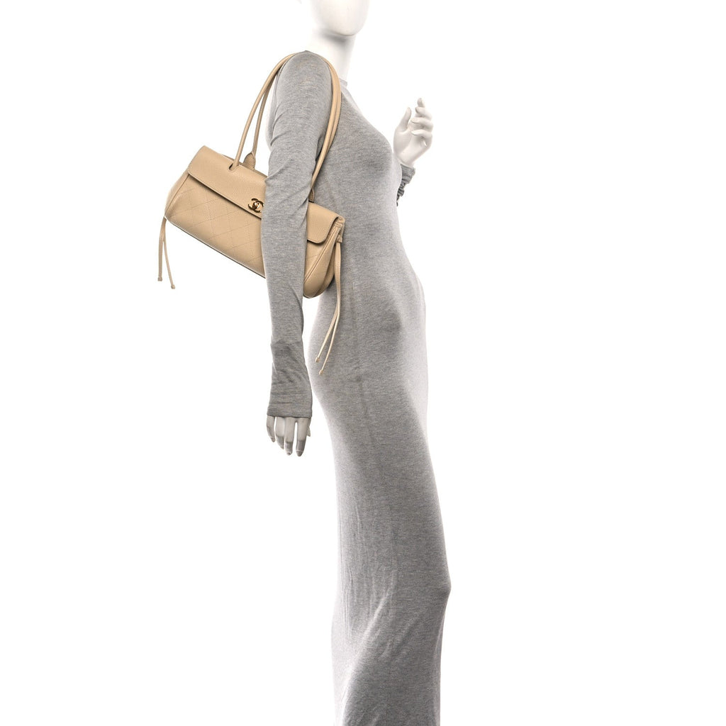 Grained Calfskin Stitched Urban Essentials Small Shopping Bag Beige