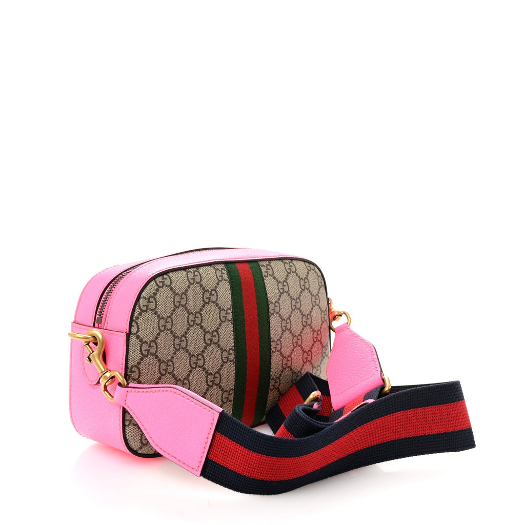 GG Supreme Monogram Textured Dollar Calfskin Web Ophidia Small Crossbody Bag Beige Ebony Fuchsia