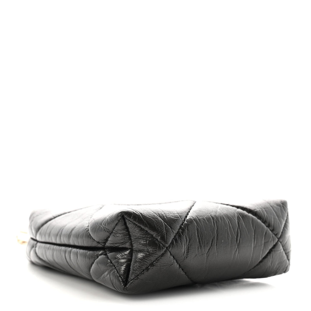 Shiny Aged Lambskin Quilted Kiss Lock Clutch With Chain Black