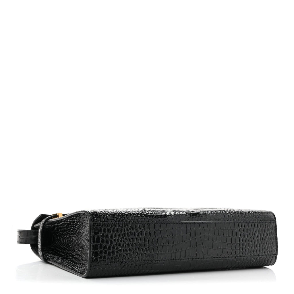 Shiny Calfskin Crocodile Embossed Manhattan Baguette Black